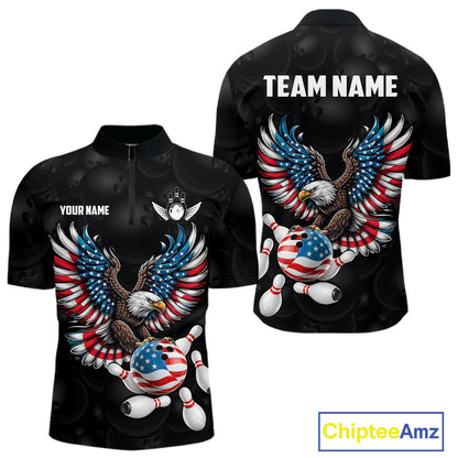 Personalized American Flag Eagle Bowling Polo & 1/4 Zip For Men, Patriotic Bowling Team Jersey TDM6098