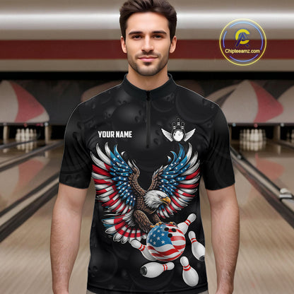 Personalized American Flag Eagle Bowling Polo & 1/4 Zip For Men, Patriotic Bowling Team Jersey TDM6098