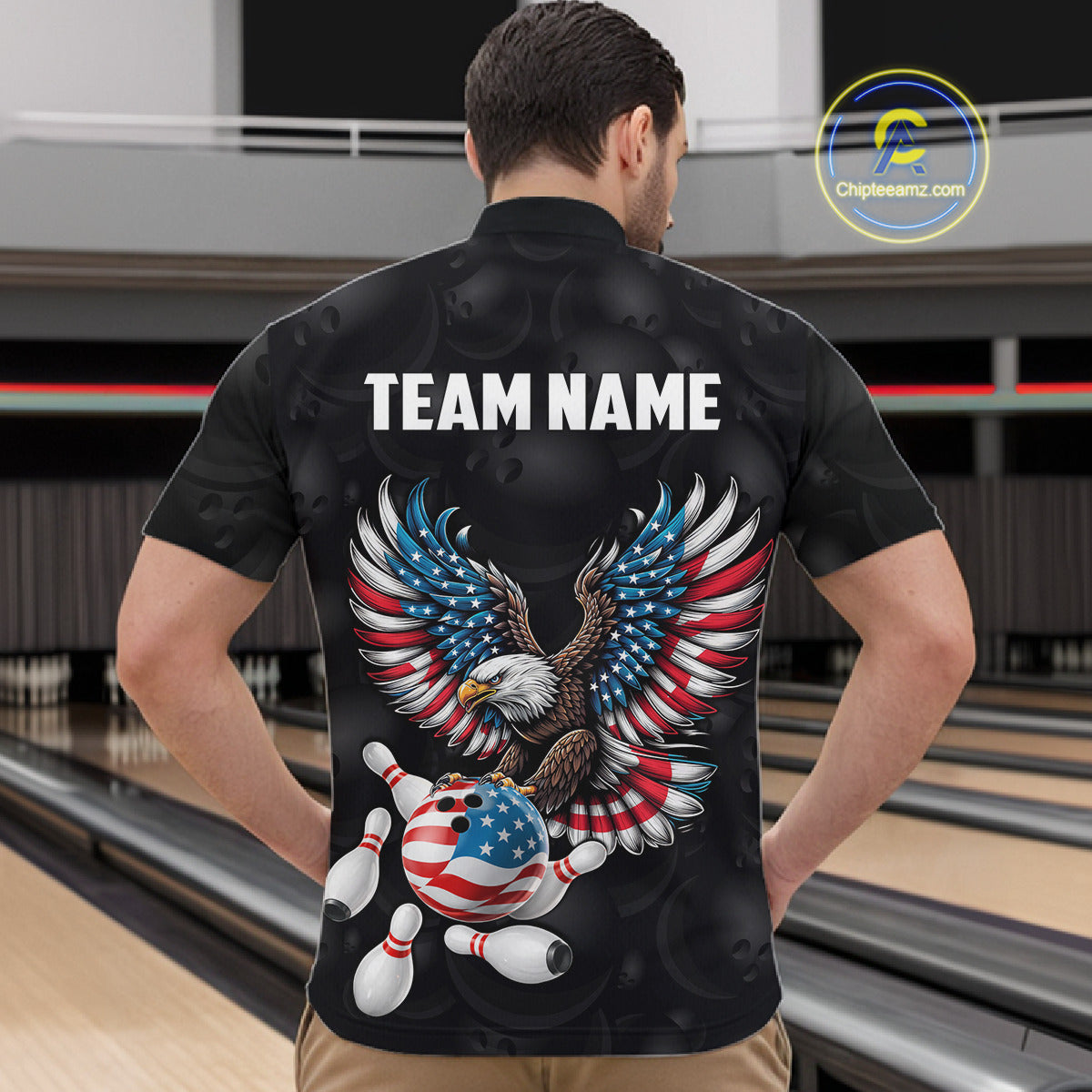 Personalized American Flag Eagle Bowling Polo & 1/4 Zip For Men, Patriotic Bowling Team Jersey TDM6098
