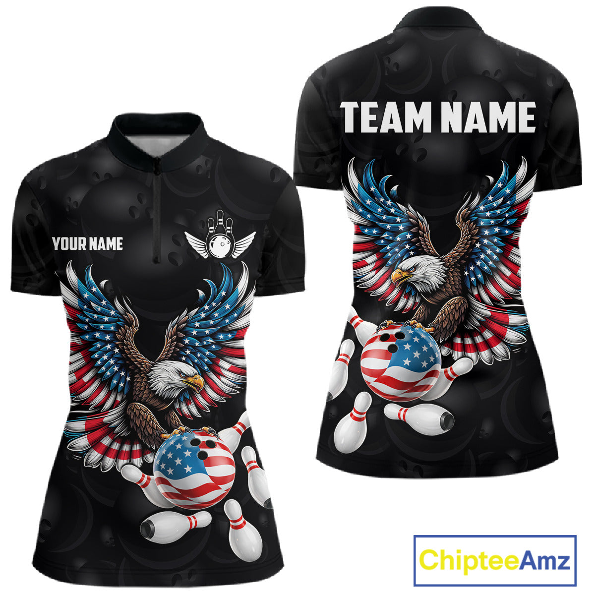Personalized American Flag Eagle Bowling Polo & 1/4 Zip For Women, Patriotic Bowling Team Jersey TDM6098