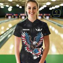 Load image into Gallery viewer, Personalized American Flag Eagle Bowling Polo &amp; 1/4 Zip For Women, Patriotic Bowling Team Jersey TDM6098