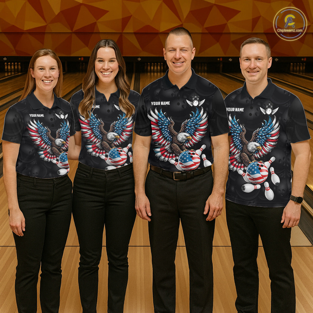 Personalized American Flag Eagle Bowling Polo & 1/4 Zip For Men, Patriotic Bowling Team Jersey TDM6098