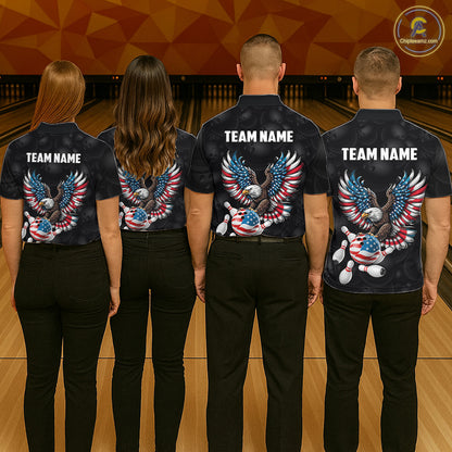Personalized American Flag Eagle Bowling Polo & 1/4 Zip For Men, Patriotic Bowling Team Jersey TDM6098