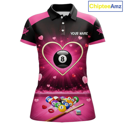 Black And Pink 8 Ball Pool Heart Billiard Shirt For Women Custom Valentine Billiard Gifts TDM5748