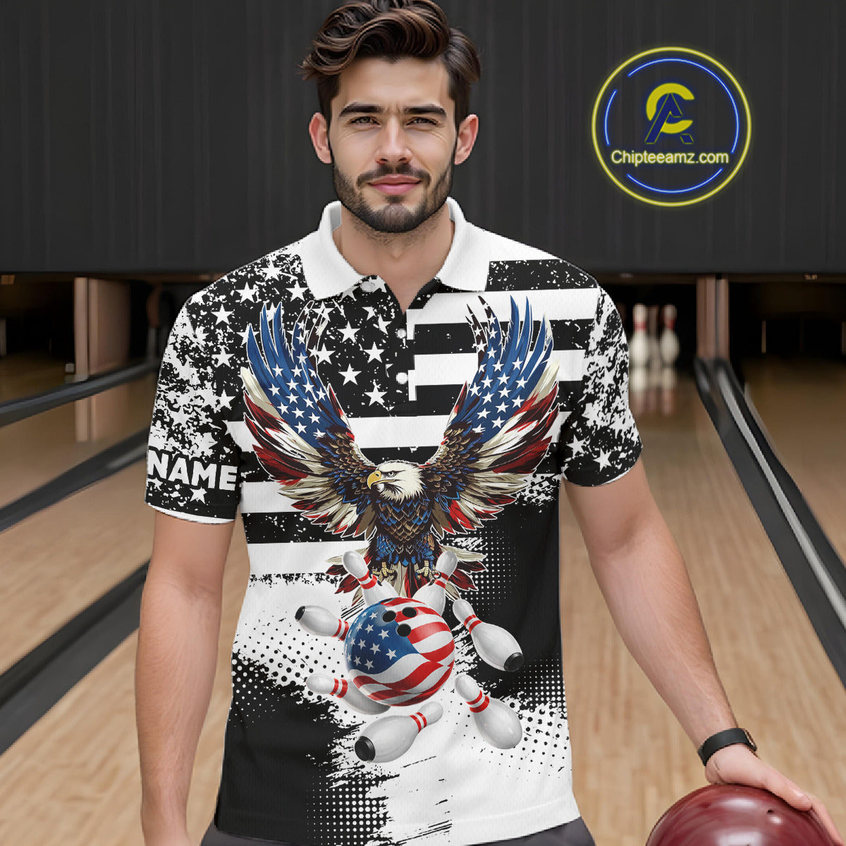 Custom Bowling Shirts For Men, Grunge Eagle American Flag Bowling Jersey Team Polo & 1/4 Zip TDM6545