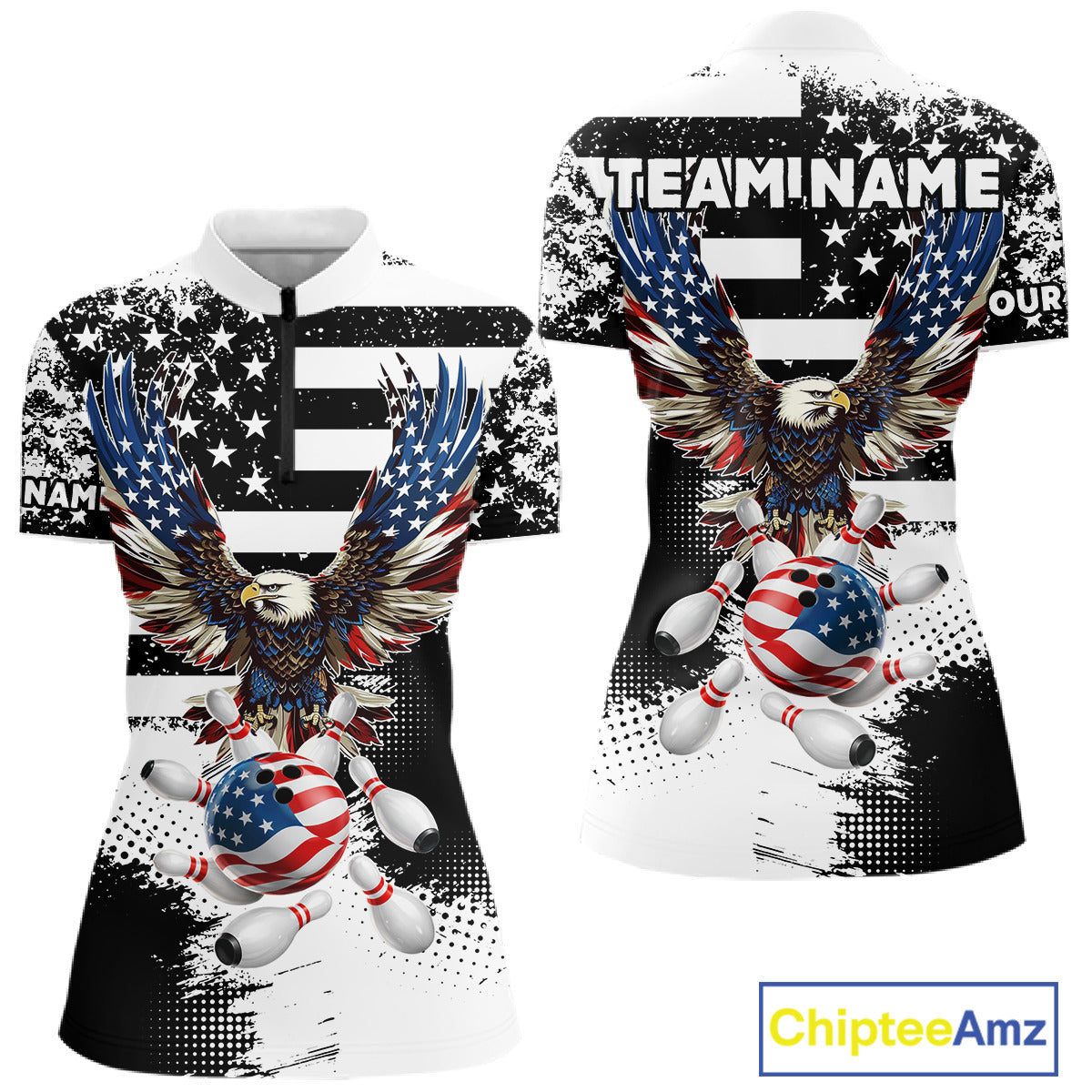 Custom Bowling Shirts For Women, Grunge Eagle American Flag Bowling Jersey Team Polo & 1/4 Zip TDM6545