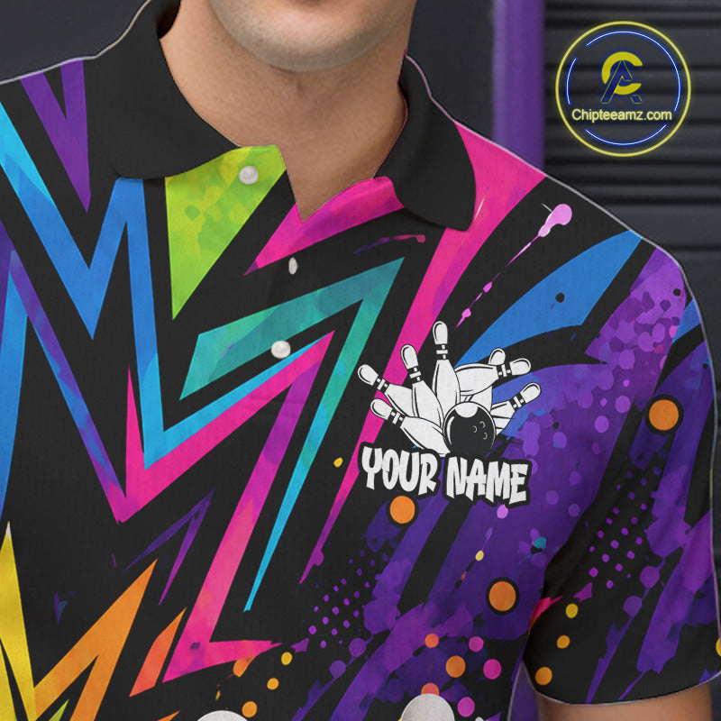 Close-up of funny colorful bowling ball bowling team jersey polo shirt featuring collar, buttons and colorful bowling ball artwork.