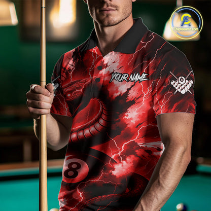 Red 8 Ball Thunder Lightning Cobra Snake Billiard Shirt For Men Custom Billiard League Pool Jersey TDM4840