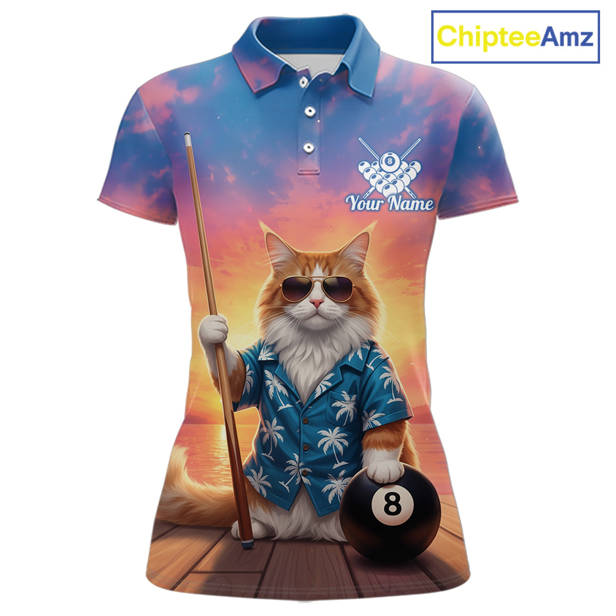 Personalized Funny Cat Sunset Billiard Shirt For Women Custom 8 Ball Pool Team Jersey Polo & 1/4 Zip TDM6414