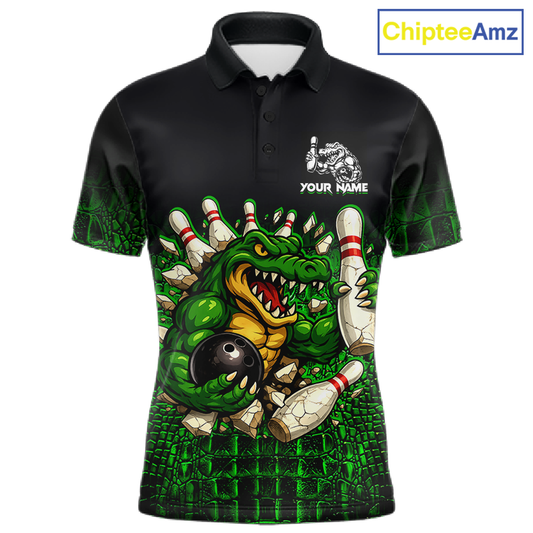 Black And Green Funny Alligator Bowling Shirt For Men Custom Bowling Jersey Team Polo & 1/4 Zip TDM5818