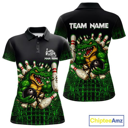 Black And Green Funny Alligator Bowling Shirt For Women Custom Bowling Jersey Team Polo & 1/4 Zip TDM5818