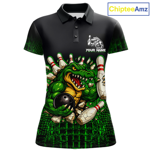 Black And Green Funny Alligator Bowling Shirt For Women Custom Bowling Jersey Team Polo & 1/4 Zip TDM5818