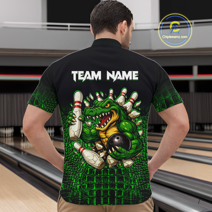 Black And Green Funny Alligator Bowling Shirt For Men Custom Bowling Jersey Team Polo & 1/4 Zip TDM5818