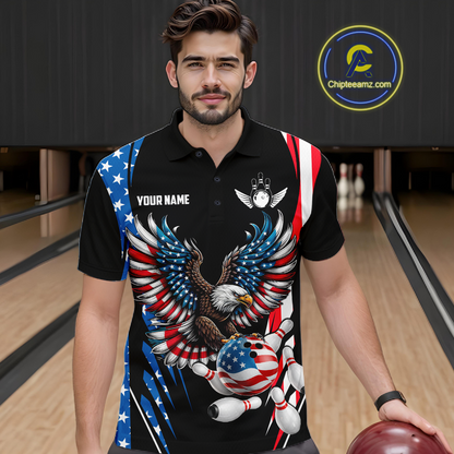 Personalized American Flag Eagle Bowling Polo & 1/4 Zip For Men, Patriotic Bowling Team Jersey TDM5822