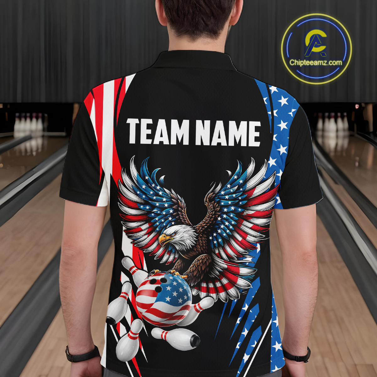 Personalized American Flag Eagle Bowling Polo & 1/4 Zip For Men, Patriotic Bowling Team Jersey TDM5822