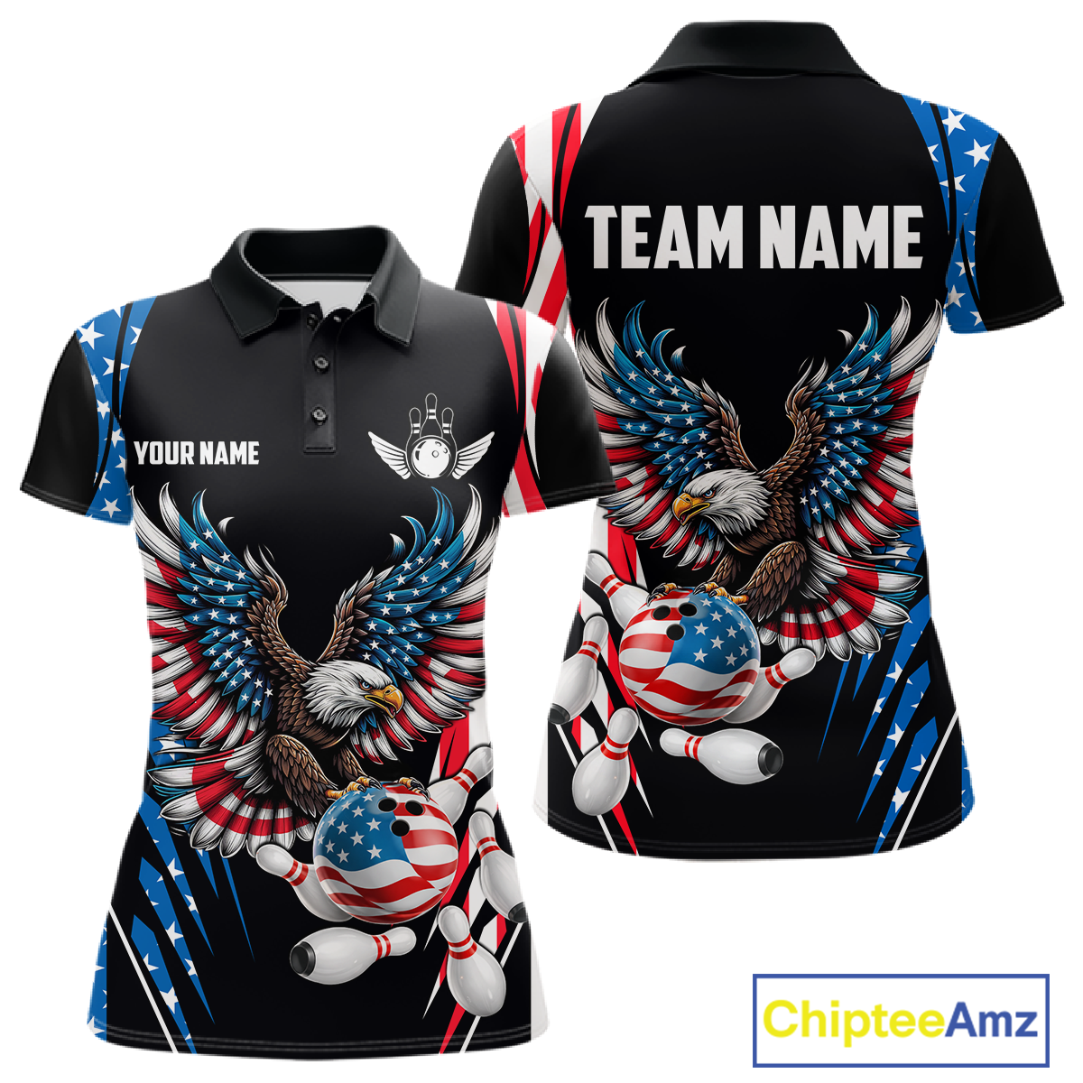 Personalized American Flag Eagle Bowling Polo & 1/4 Zip For Women, Patriotic Bowling Team Jersey TDM5822