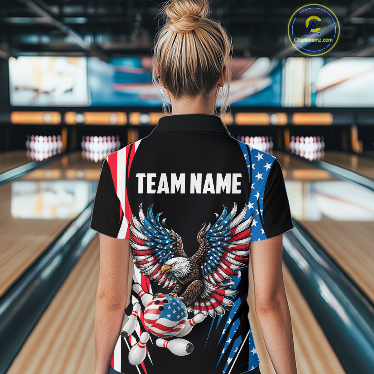 Personalized American Flag Eagle Bowling Polo & 1/4 Zip For Women, Patriotic Bowling Team Jersey TDM5822