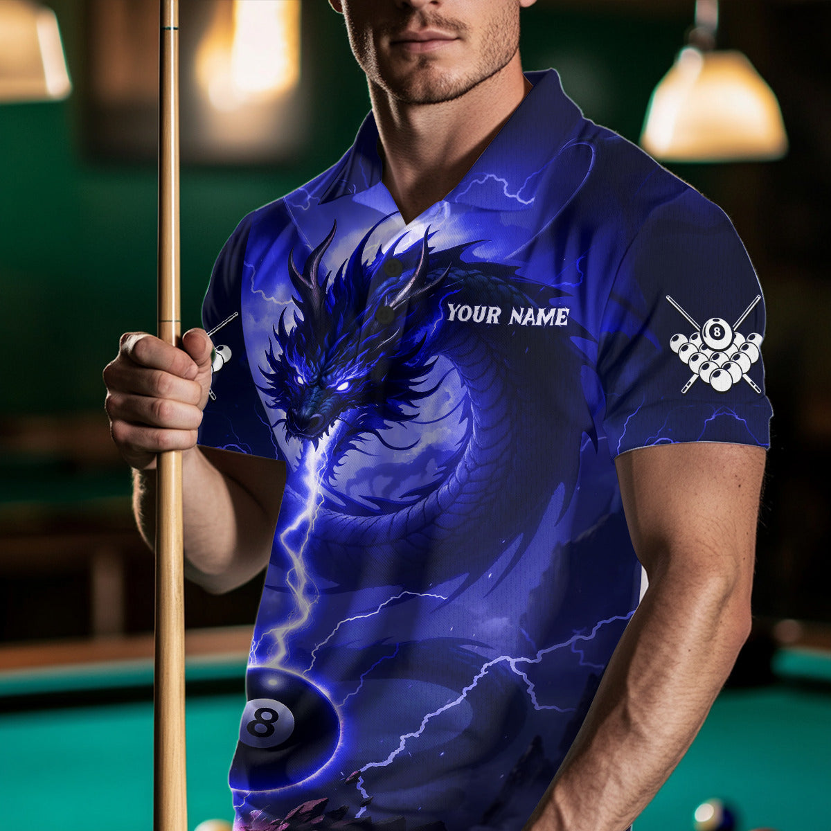 Blue 8 Ball Lightning Dragon Billiard Jersey For Men Custom Pool Team Shirt Polo & 1/4 Zip TDM5115