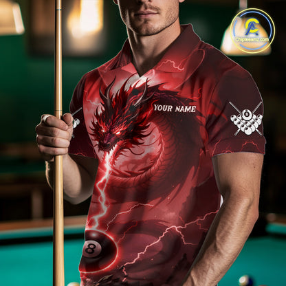Red 8 Ball Lightning Dragon Billiard Jersey For Men Custom Pool Team Shirt Polo & 1/4 Zip TDM5116