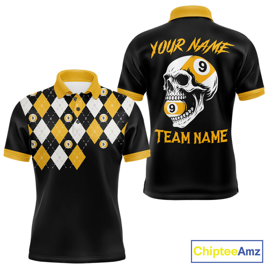 Personalized 9 Ball Skull Argyle Pattern Men's Billiard Shirts, 9 Ball Team Shirts Billiard Jersey TDM5137