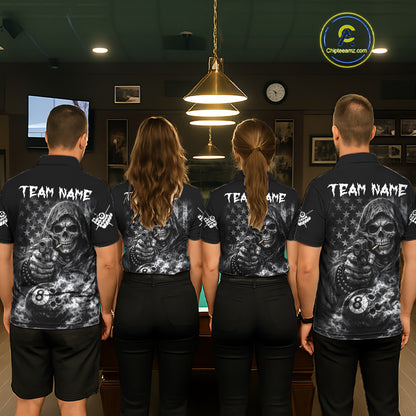US Flag Grim Reaper 8 Ball Smoke Billiard Shirt For Men Custom Pool Jersey, Billiard Team Shirt TDM5611