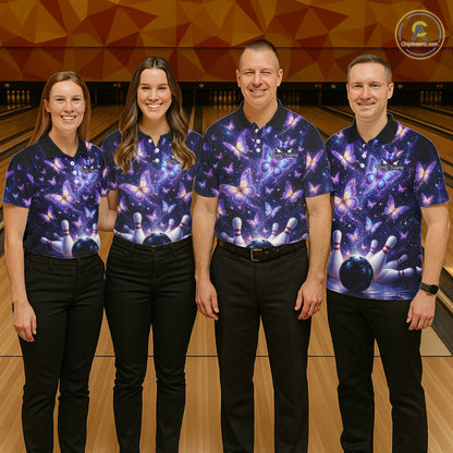 Custom Purple Butterfly Bowling Shirt For Men, Glowing Bowling Team Jersey Polo & 1/4 Zip TDM6225