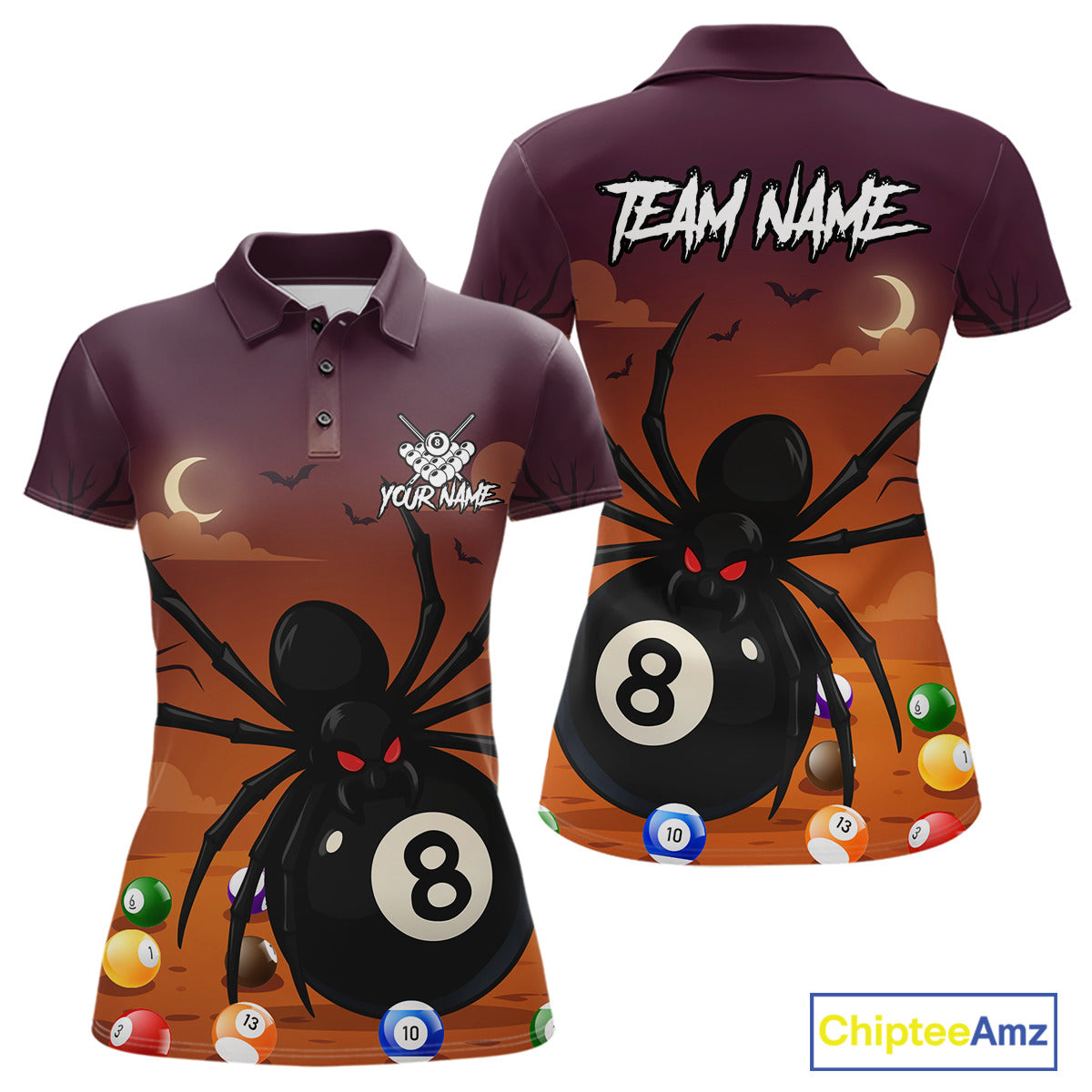 Orange Funny Spider Pool Balls Billiard Shirt For Women Custom 8 Ball Halloween Billiard Apparel TDM4927