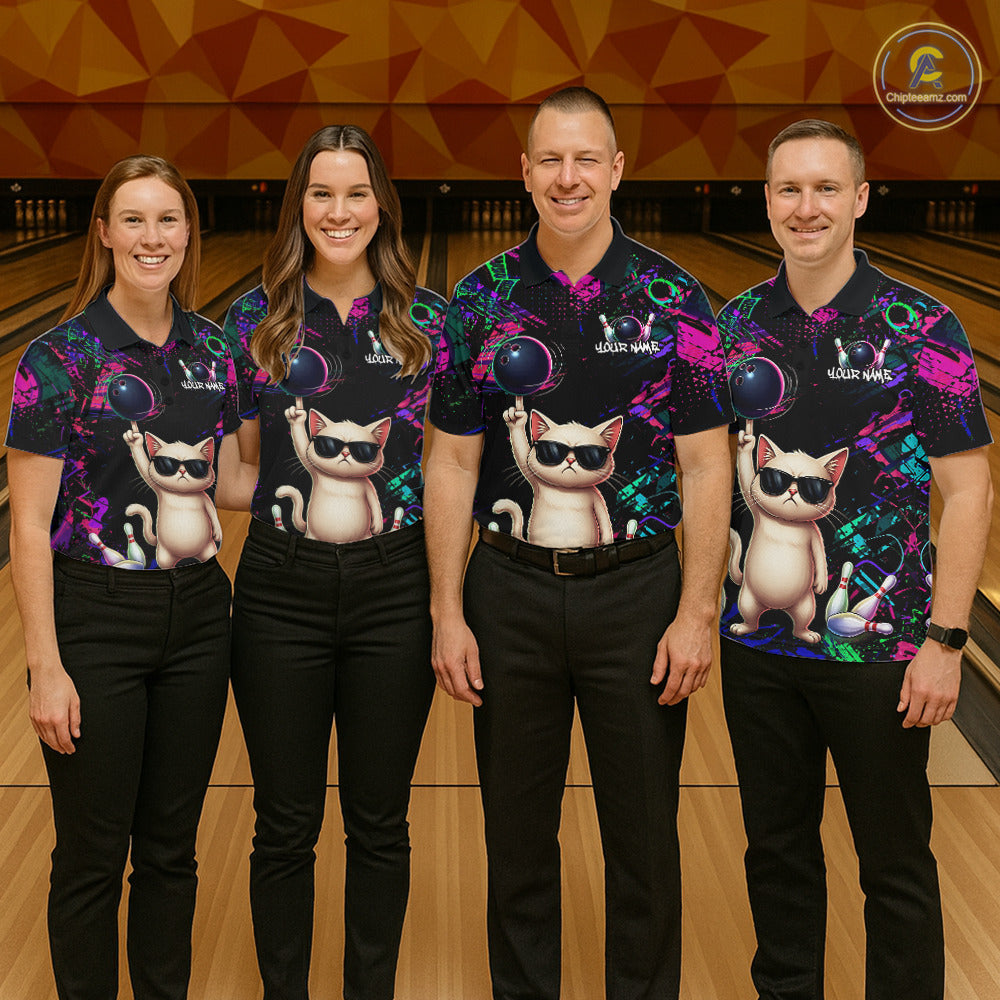 Custom Funny Cat Graffiti Bowling Shirt For Women, Personalized Bowling Team Jersey Polo & 1/4 Zip TDM6455