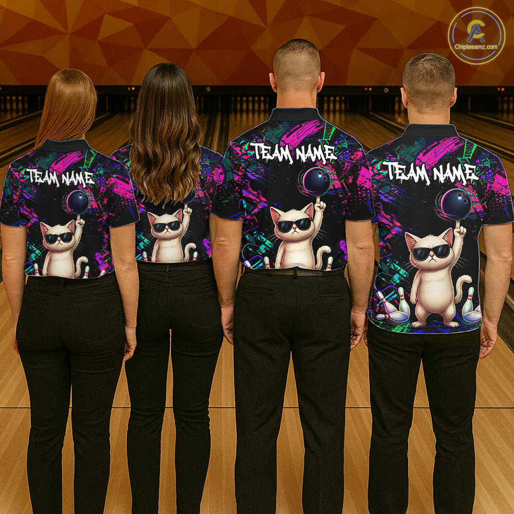 Custom Funny Cat Graffiti Bowling Shirt For Women, Personalized Bowling Team Jersey Polo & 1/4 Zip TDM6455