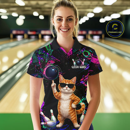 Personalized Funny Cat Graffiti Bowling Jersey For Women Custom Bowling Team Shirts Polo & 1/4 Zip TDM6457