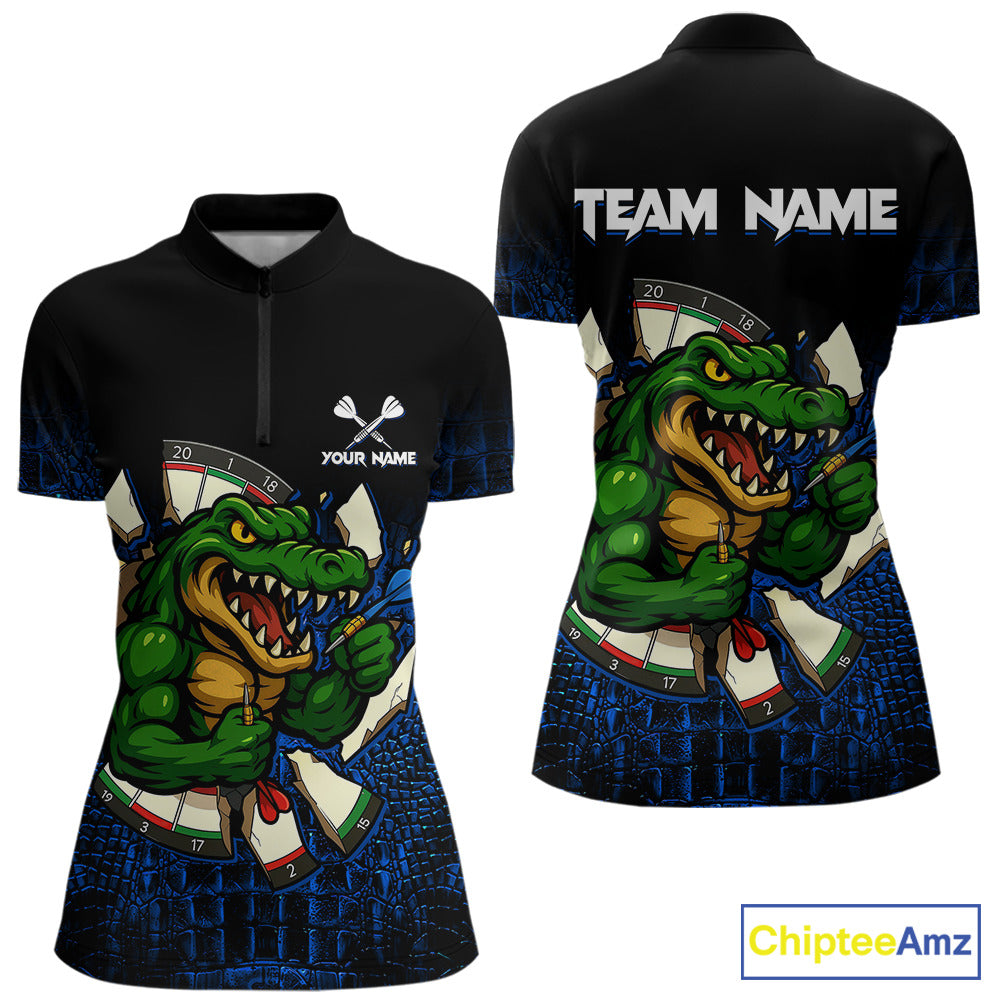 Black and Blue Funny Alligator Quarter Zip Darts Shirt for Women Created for Competitive Dart League Teams with Performance Fabric and Tournament Ready Team Design