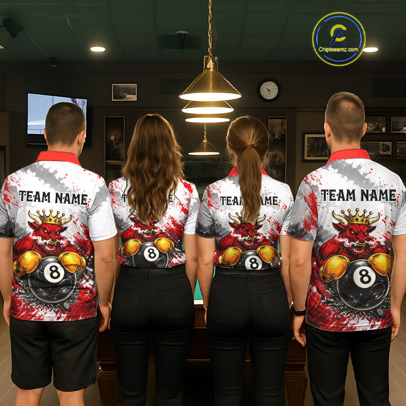 Red And White Grunge Bull 8 Ball Billiard Shirt For Men Custom Pool Team Jersey Polo & 1/4 Zip TDM5647