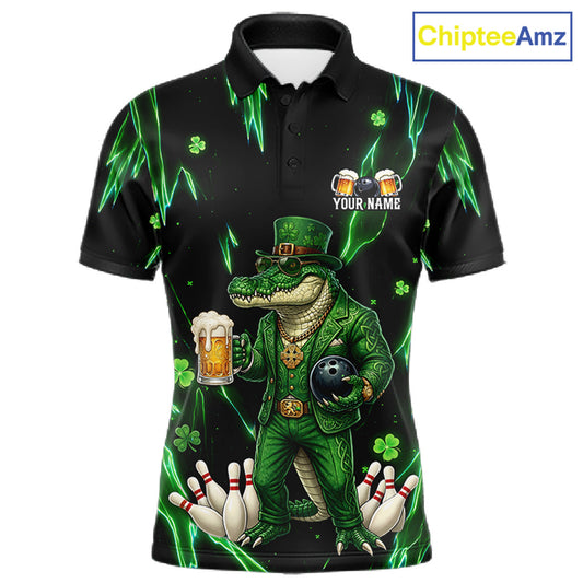 Custom Green St Patricks Alligator Bowling Shirt For Men, Lucky Bowling Team Jersey Polo & 1/4 Zip TDM6266
