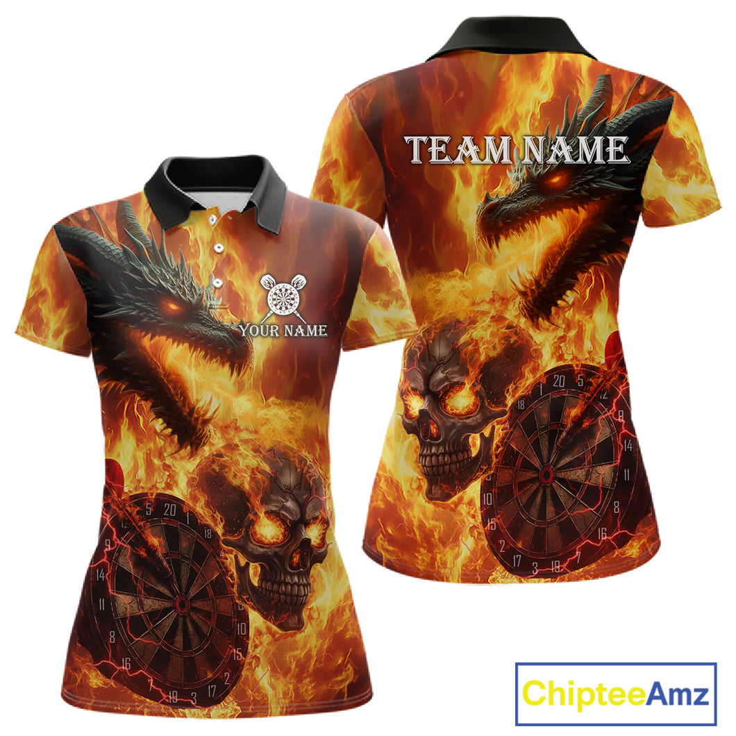 Personalized Orange Flaming Dragon And Skull Darts Shirt For Women Custom 3D Fire Darts Team Jersey TDM4958