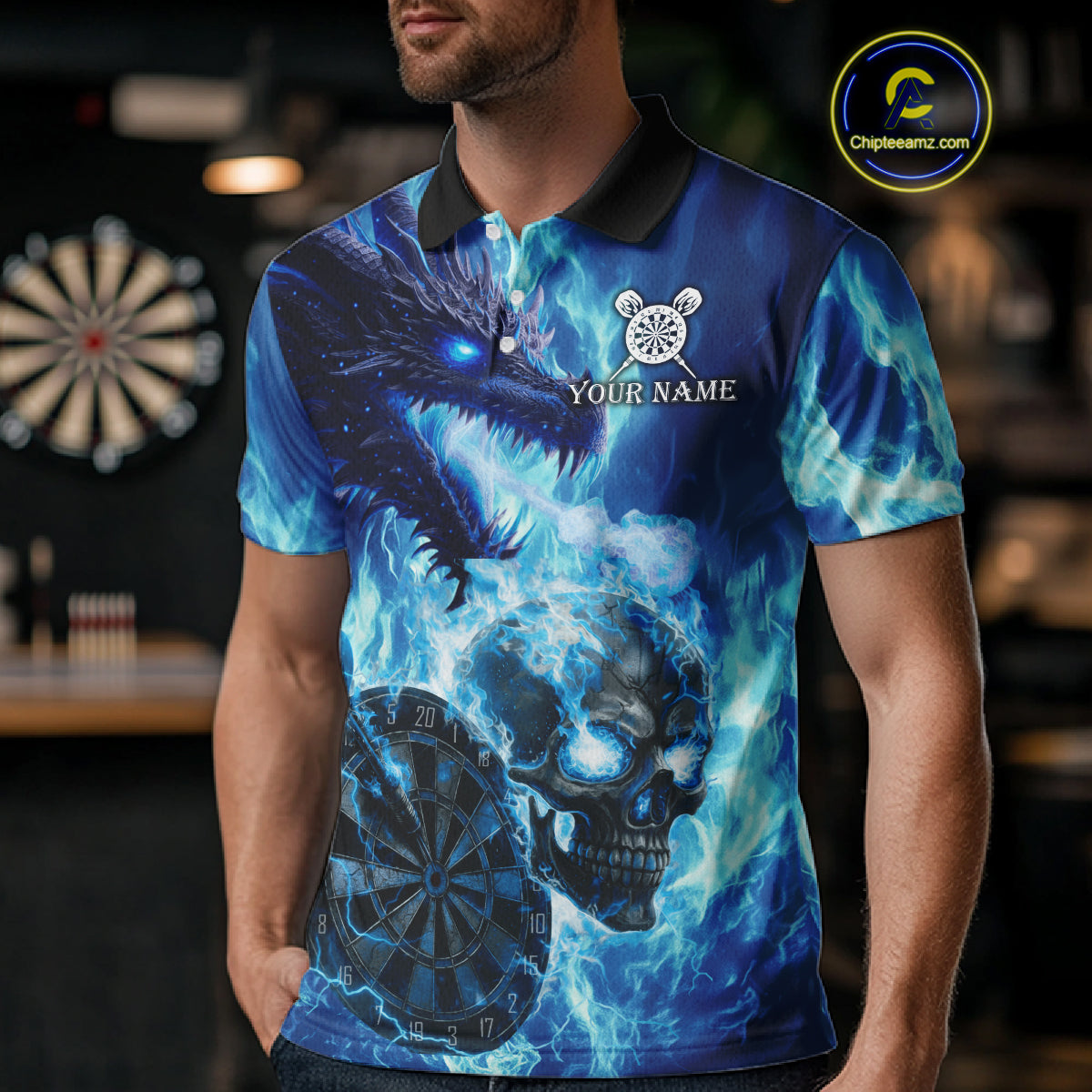 Personalized Blue Flaming Dragon And Skull Darts Shirt For Men Custom 3D Fire Darts Team Jersey TDM4960