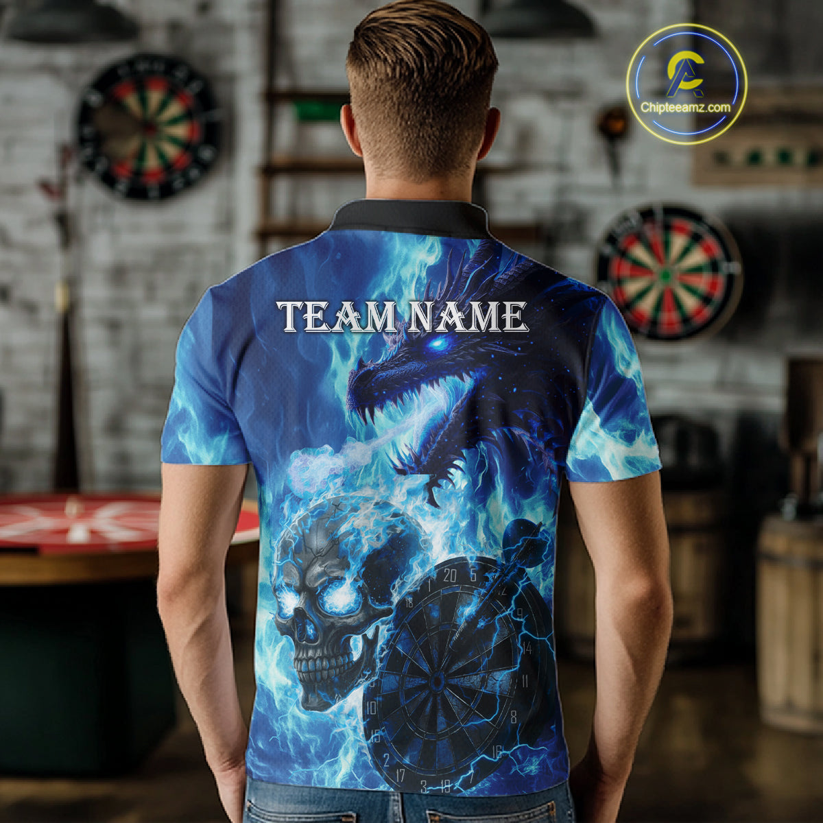 Personalized Blue Flaming Dragon And Skull Darts Shirt For Men Custom 3D Fire Darts Team Jersey TDM4960