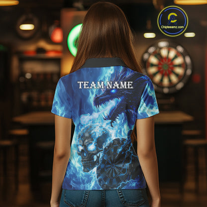 Personalized Blue Flaming Dragon And Skull Darts Shirt For Women Custom 3D Fire Darts Team Jersey TDM4960