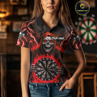 Red Grim Reaper Thunder Lightning Womens Dart Shirts Custom Flame Dart Jerseys Team Polo & 1/4 Zip TDM5175