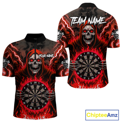 Red Grim Reaper Thunder Lightning Mens Dart Shirts Custom Flame Dart Jerseys Team Polo & 1/4 Zip TDM5175