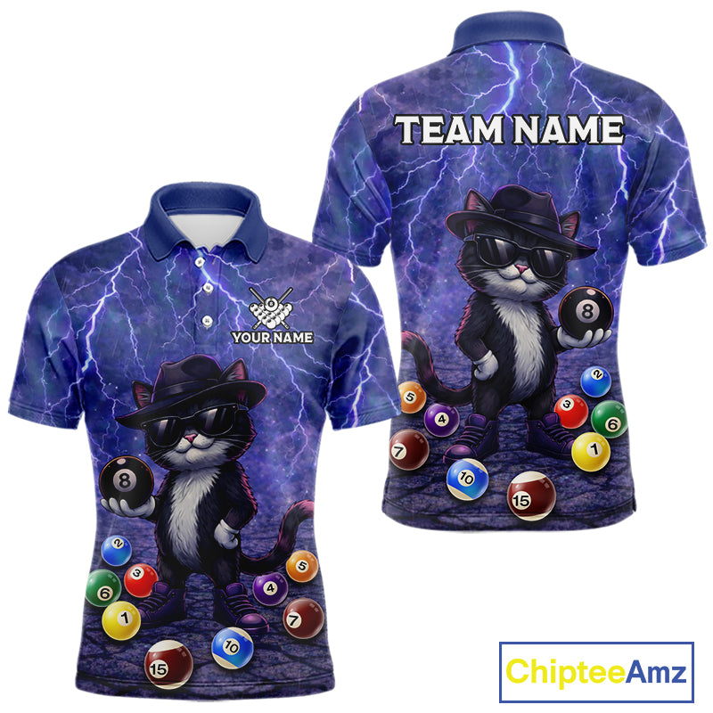 Purple Funny Cat Lightning Billiard Shirt For Men Custom 8 Ball Pool Team Jersey Polo & 1/4 Zip TDM5912