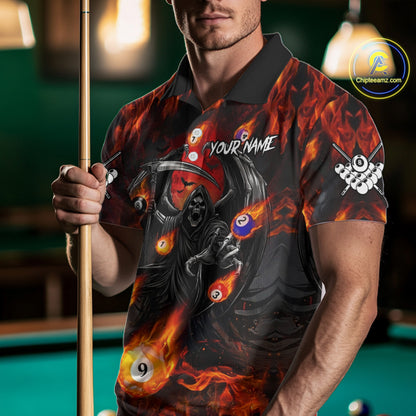 Orange Flaming Grim Reaper Billiard Shirt For Men Custom Fire Pool Team Jersey Polo & Quarter Zip TDM6077