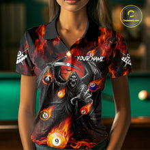 Load image into Gallery viewer, Orange Flaming Grim Reaper Billiard Shirt For Women Custom Fire Pool Team Jersey Polo &amp; Quarter Zip TDM6077