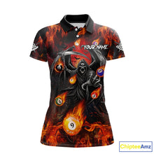 Load image into Gallery viewer, Orange Flaming Grim Reaper Billiard Shirt For Women Custom Fire Pool Team Jersey Polo &amp; Quarter Zip TDM6077