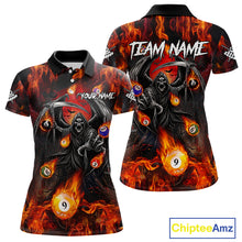 Load image into Gallery viewer, Orange Flaming Grim Reaper Billiard Shirt For Women Custom Fire Pool Team Jersey Polo &amp; Quarter Zip TDM6077
