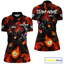 Load image into Gallery viewer, Orange Flaming Grim Reaper Billiard Shirt For Women Custom Fire Pool Team Jersey Polo &amp; Quarter Zip TDM6077
