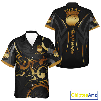 Black And Gold Bowling Crown Tribal Hawaiian Shirt For Women Custom Bowling Team Jersey Polo & 1/4 Zip TDM6086