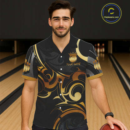 Black And Gold Bowling Crown Tribal Hawaiian Shirt For Women Custom Bowling Team Jersey Polo & 1/4 Zip TDM6086
