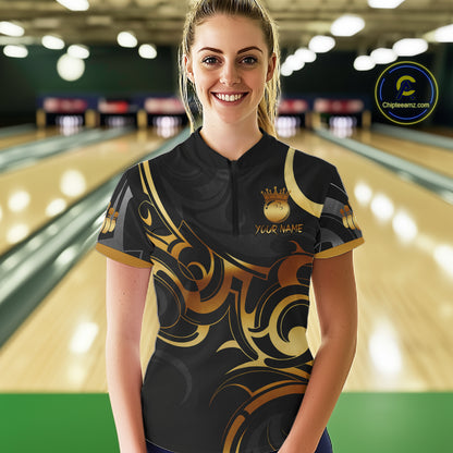 Black And Gold Custom Crown Tribal Bowling Shirt For Women, Bowling Team Jersey Polo & 1/4 Zip TDM6086