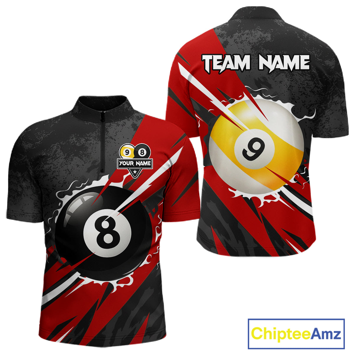 Black And Red 8 Ball & 9 Ball Billiard Shirt For Men Custom Pool Jersey, Billiard Team Shirts TDM5019