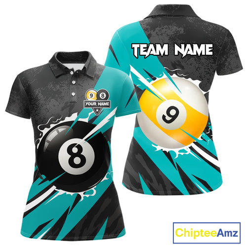 Black And Turquoise 8 Ball & 9 Ball Billiard Shirt For Women Custom Pool Jersey, Billiard Team Shirt TDM5021